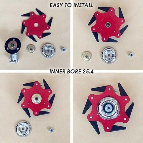 6 Blade Steel Trimmer Head attached to a weed trimmer