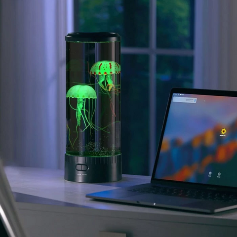 LED Jellyfish Lava Lamp with two simulated jellyfish swimming in a color-changing illuminated tank.