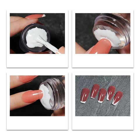Close-up of nail art being applied with a transparent stamper