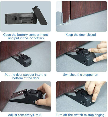 Portable Door-Stop Alarm placed behind a door on a wooden floor