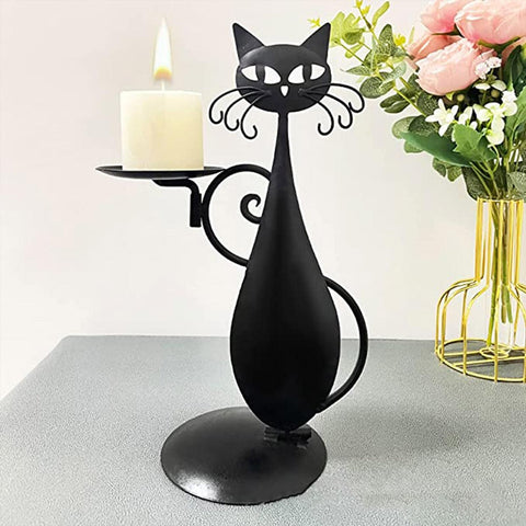 Black Cat Candle Holder with lit candle