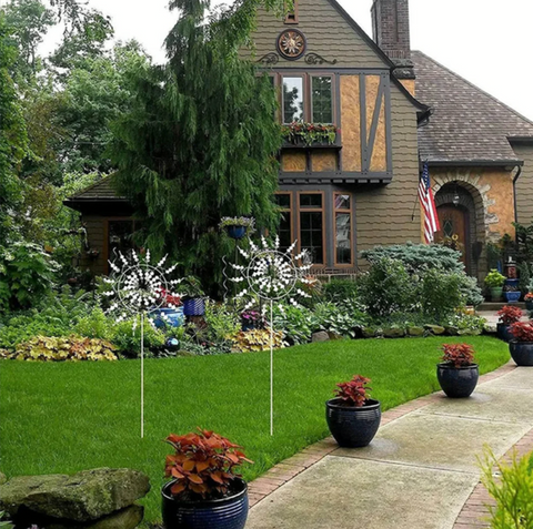 Close-up of the spinning blades of the metal wind spinner