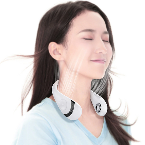 Person wearing a white bladeless neck fan