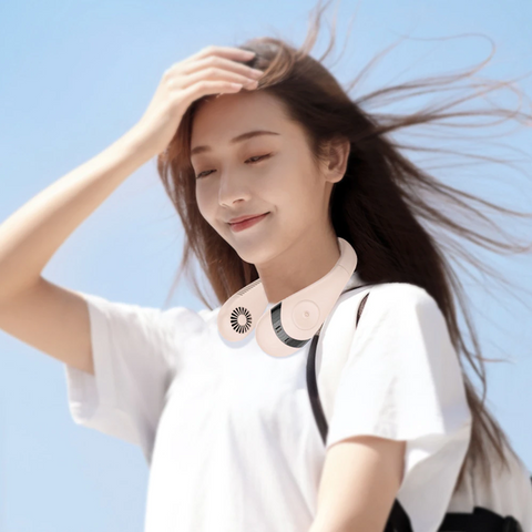 Close-up of a black bladeless neck fan