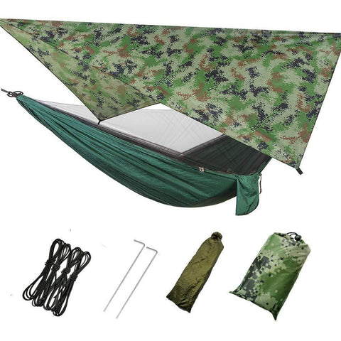 Two person camping hammock tent with canopy packed for travel